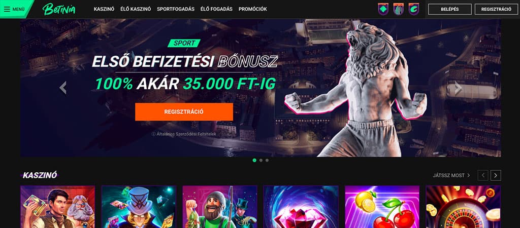 Első befizetési bónusz 100% akár 35.000 Ft-ig sportfogadásra, Betinia kaszinó főoldal promóció.