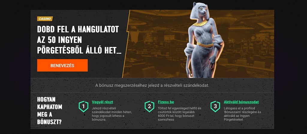 50 ingyen pörgetés hetente Betinia kaszinóban, részvételi feltételek és bónusz aktiválás.