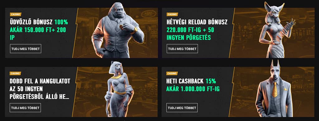Üdvözlő bónusz 150000 ft 200 ip, hétvégi reload bónusz 220000 ft 50 ingyen pörgetés, heti cashback 15% akár 1 millió ft-ig betinia casino.