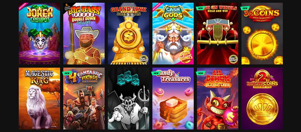 Betinia casino játékkínálat ikonokkal és promóciós címkékkel, különféle nyerőgépek és élő játékok színes bemutatása.