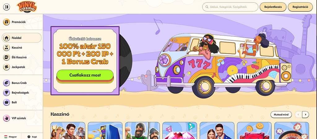 Vinyl Casino üdvözlő bónusz színes hippi busszal, 100% akár 150 000 Ft + 200 ingyen pörgetés és Bonus Crab ajánlattal.