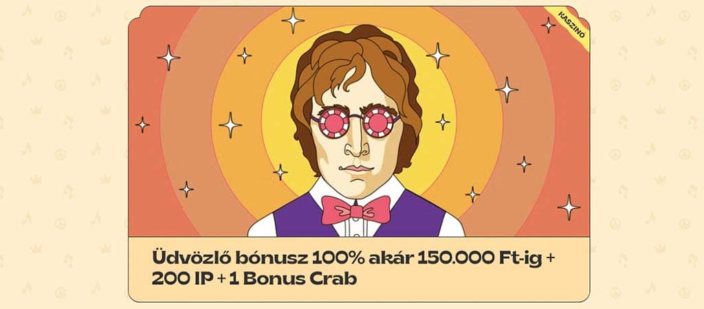 Vinyl Casino üdvözlő bónusz retro stílusú portréval, 100% akár 150 000 Ft + 200 ingyen pörgetés és 1 Bonus Crab ajánlattal.