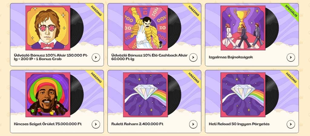 Vinyl Casino promóciós kínálata, amely üdvözlő bónuszt, cashback ajánlatot, bajnokságokat és ingyenes pörgetéseket mutat be.