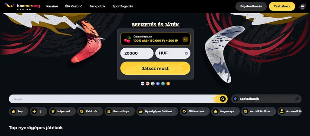 Boomerang kaszinó befizetés és játék panel üdvözlő bónusszal 100% akár 150000 Ft + 200 IP, 20000 HUF befizetés lehetőséggel.