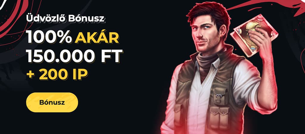 Boomerang kaszinó üdvözlő bónusz 100% akár 150000 Ft + 200 IP egy férfi karakterrel és bónusz gombbal.