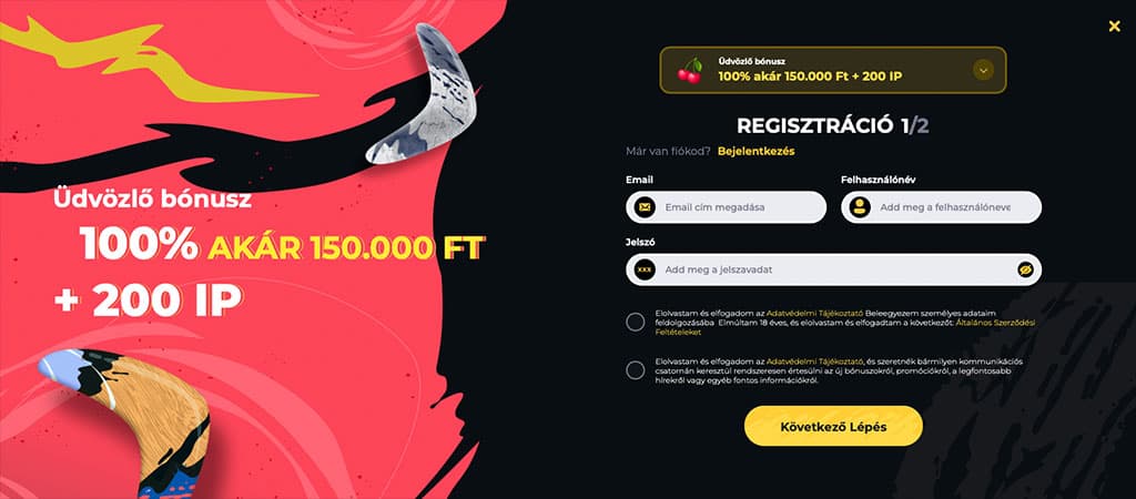 Boomerang kaszinó regisztrációs oldal piros-fekete design, bumeráng elemek, beviteli mezők e-mail, felhasználónév és jelszó megadásához.