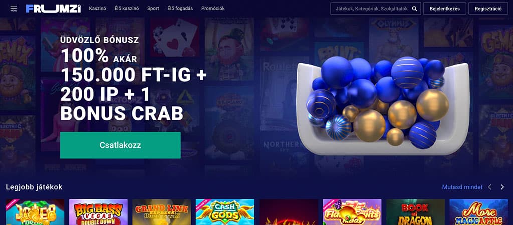 Frumzi Casino kezdőoldal: üdvözlő bónusz 100% akár 150.000 Ft-ig + 200 IP + 1 Bonus Crab, kattintásra csatlakozás, kék háttér és játékok galéria.