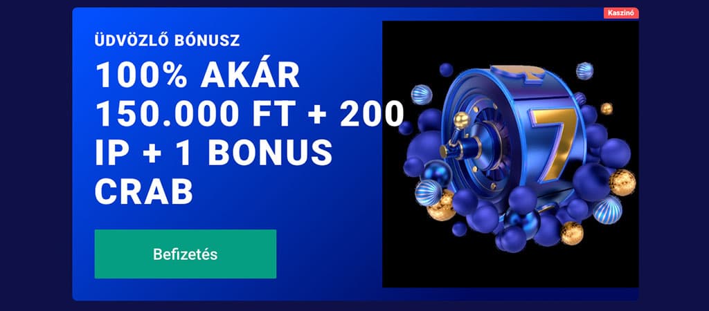 Frumzi kaszinó üdvözlő bónusz 100% akár 150000 Ft + 200 IP + 1 bónusz rák, befizetés gombbal, kék háttérrel.