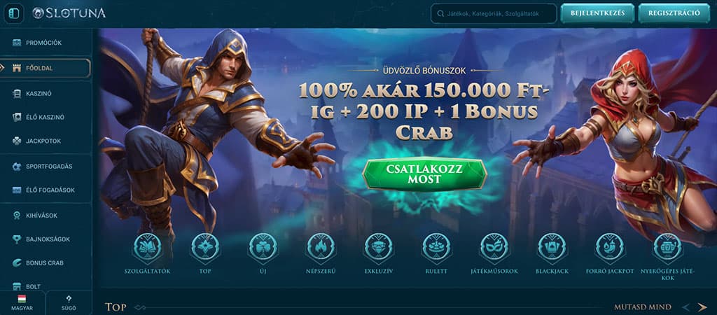 Slotuna Casino főoldal – üdvözlő bónusz 100% akár 150.000 Ft-ig + 200 IP + 1 Bonus Crab, játékosok fantasy témájú karakterekkel a képen.
