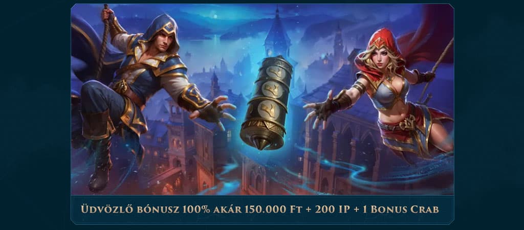 Slotuna Casino üdvözlő bónusz banner – 100% akár 150.000 Ft + 200 IP + 1 Bonus Crab, varázslatos fantasy karakterekkel és kék háttérrel.