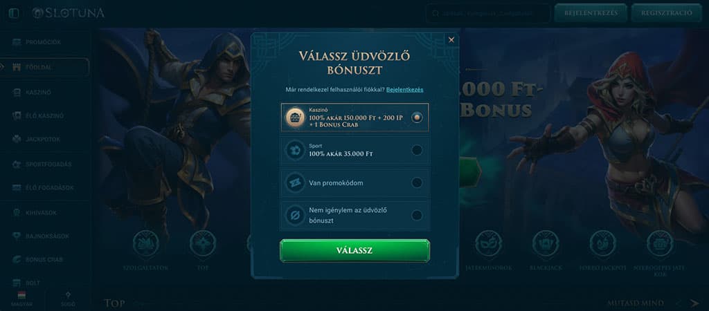 Slotuna Casino regisztrációs bónuszválasztó ablak kaszinó, sportbónusz és promókód opciókkal, sötét háttérrel és fantasy karakterekkel.