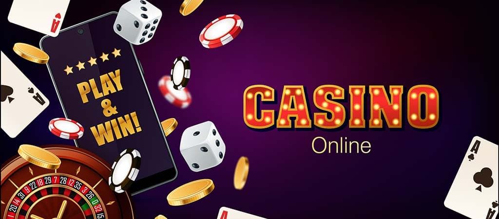 Online kaszinó promóciós grafika, Play & Win szlogen, kártyák, rulett, zsetonok és mobiltelefon.
