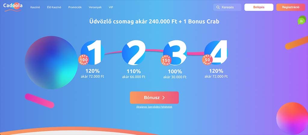 Cadoola kaszinó üdvözlő csomag – akár 240.000 Ft bónusz és Bonus Crab jutalom több lépésben, ingyenes pörgetésekkel.