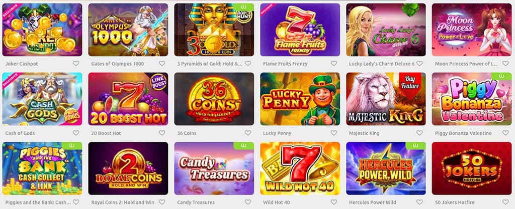 Cadoola kaszinó nyerőgépes játékok: Joker Cashpot, Gates of Olympus, Lucky Penny, Majestic King és Piggy Bonanza Valentine.