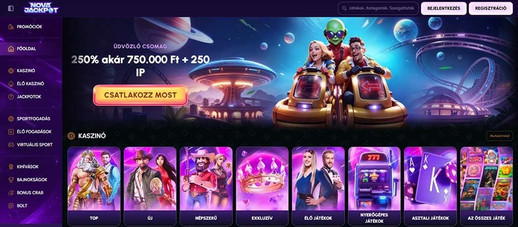 Nova Jackpot online kaszinó főoldal üdvözlő csomaggal, játékokkal, élő kaszinóval és jackpot lehetőségekkel.