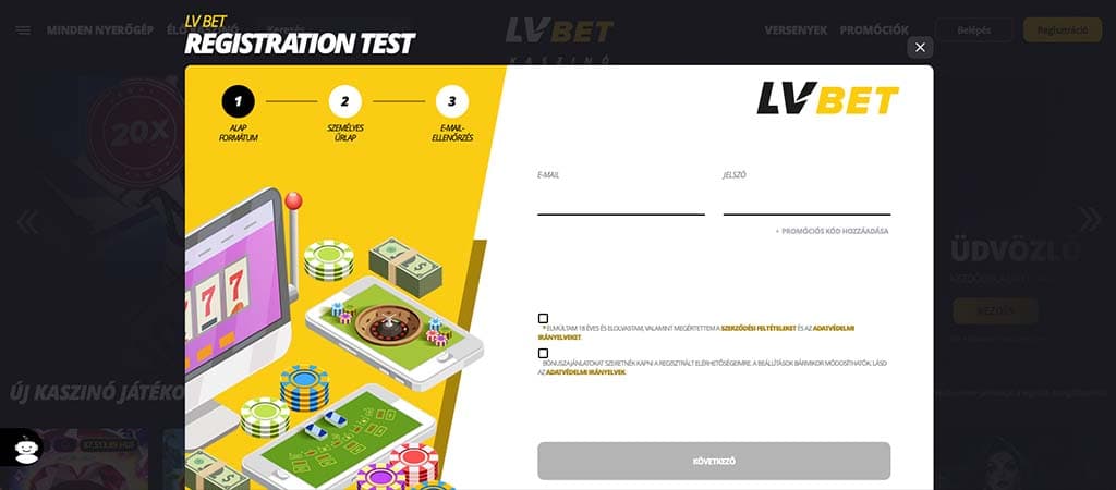 LV BET kaszinó regisztrációs űrlap, első lépés az online számlanyitáshoz.