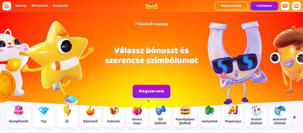 7Signs Casino főoldal animált szerencse szimbólumokkal és bónuszkínálattal színes háttérrel.