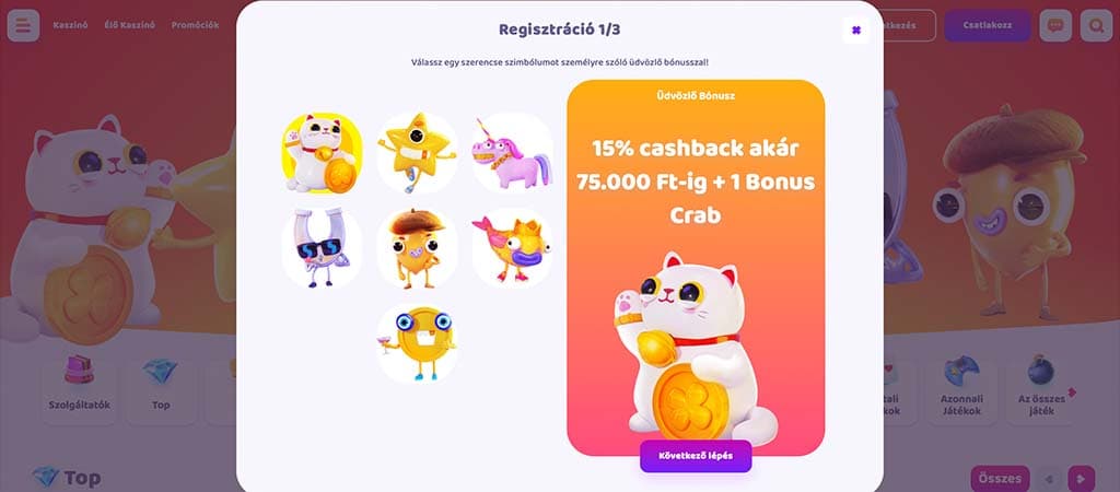 7Signs Casino regisztráció során választható bónusz szimbólumok és 15% cashback ajánlat.
