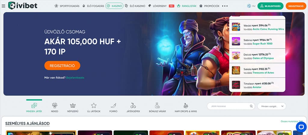  Ivibet Casino főoldal bónuszajánlattal és népszerű nyertesek listájával.