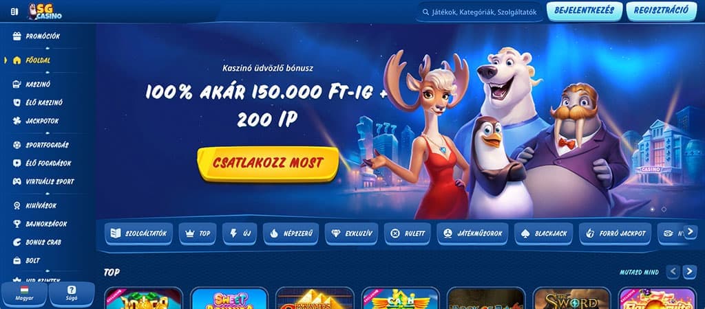 SG Casino kezdőoldal kaszinó üdvözlő bónusszal és animált karakterekkel.