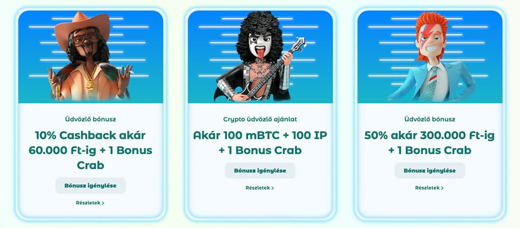  Neon54 Casino háromféle üdvözlő bónusz: cashback, crypto ajánlat és 50% befizetési bónusz.