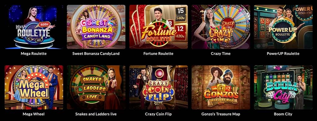 A kaszinó élő osztós játékainak listája, olyan népszerű játékokkal, mint a Mega Roulette, a Crazy Time és a Sweet Bonanza.