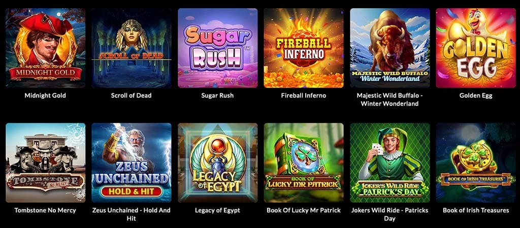 Luckera Casino online nyerőgépes játékok, többek között a Midnight Gold, a Sugar Rush és a Tombstone No Mercy láthatók.