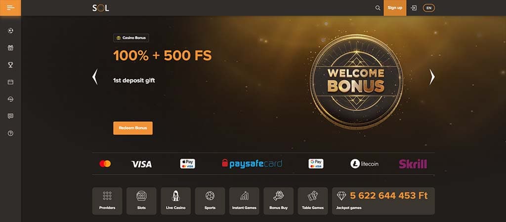 Sol Casino kezdő bónusz: 100% és 500 ingyen pörgetés az első befizetésre, biztonságos fizetési módokkal.