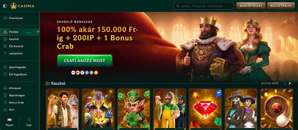  Casinia Casino főoldal királyi tematikával és 100% üdvözlő bónusszal új játékosoknak.