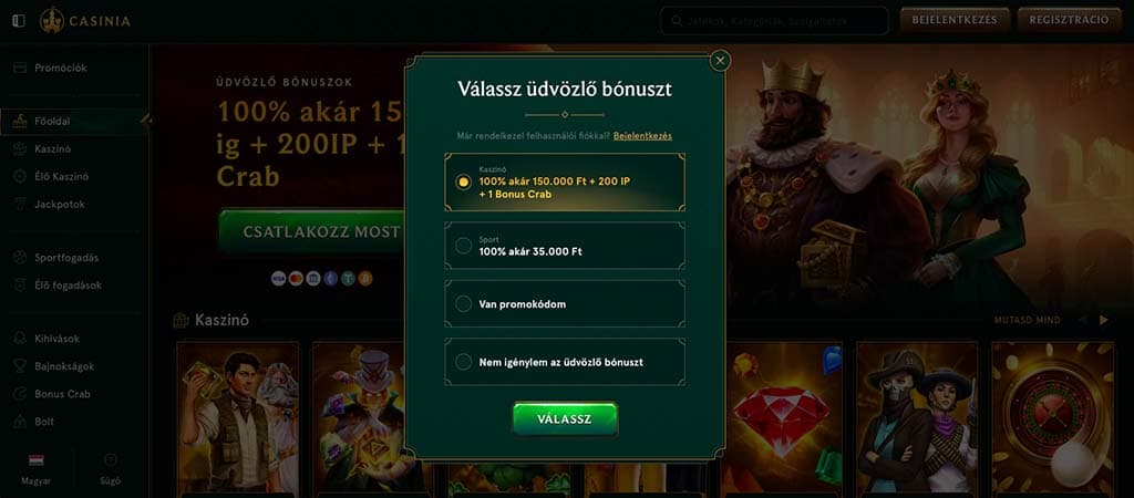 Casinia Casino regisztrációs űrlap üdvözlő bónusz kiválasztásához.