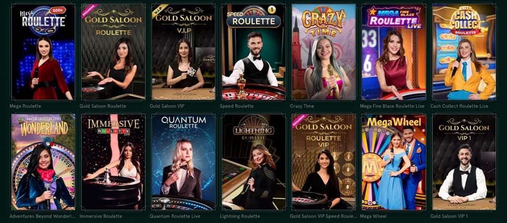  Élő kaszinó játékok a Casinia Casino oldalán, beleértve a rulett és showműsor típusú játékokat.