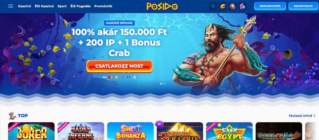  Posido Casino főoldal – 100% üdvözlő bónusz 150.000 Ft-ig és 200 ingyen pörgetés kaszinójátékosoknak.