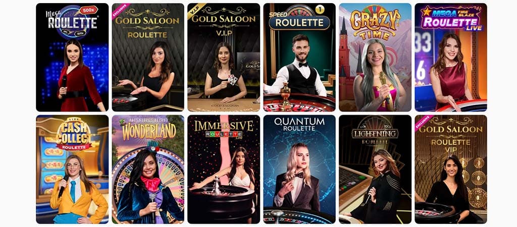  Posido Casino élő kaszinó játékok, különböző rulett és showműsor típusú játékasztalokkal.