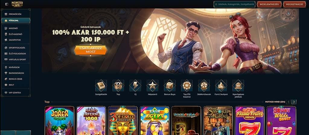 Monster Win kaszinó főoldal – 100% üdvözlő bónusz akár 150.000 Ft-ig és 200 ingyenes pörgetés az új játékosoknak.