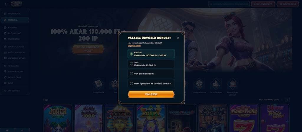  Monster Win kaszinó regisztráció – üdvözlő bónusz kiválasztása 100% akár 150.000 Ft + 200 IP