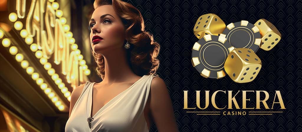 Elegáns, vintage stílusú nő látható a Luckera Casino logója és arany kockák mellett, luxus hangulatot teremtve.