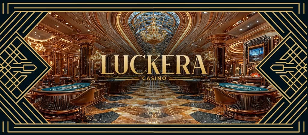 A fényűzően berendezett Luckera Casino belső tere, aranyozott felületekkel és elegáns játékasztalokkal.