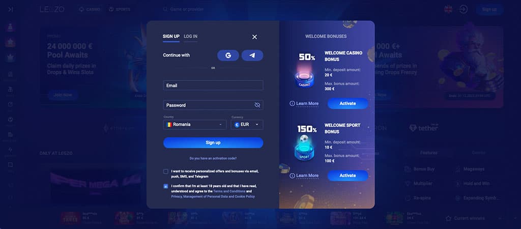 Legzo kaszinó regisztráció – választható 50%-os kaszinó bónusz 300 €-ig vagy 150%-os sport bónusz új játékosoknak.