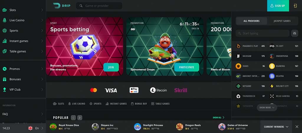 Drip Casino főoldal – sportfogadás, promóciók, élő közvetítések és kaszinójátékok széles választéka.