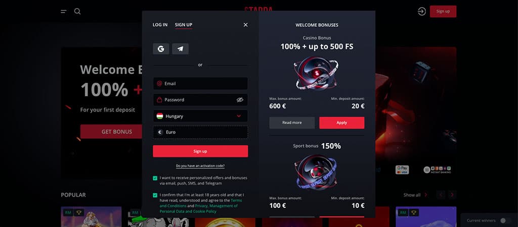 Starda kaszinó regisztráció – 100% üdvözlő bónusz akár 600 €-ig és 500 ingyenes pörgetés, valamint 150%-os sport bónusz.