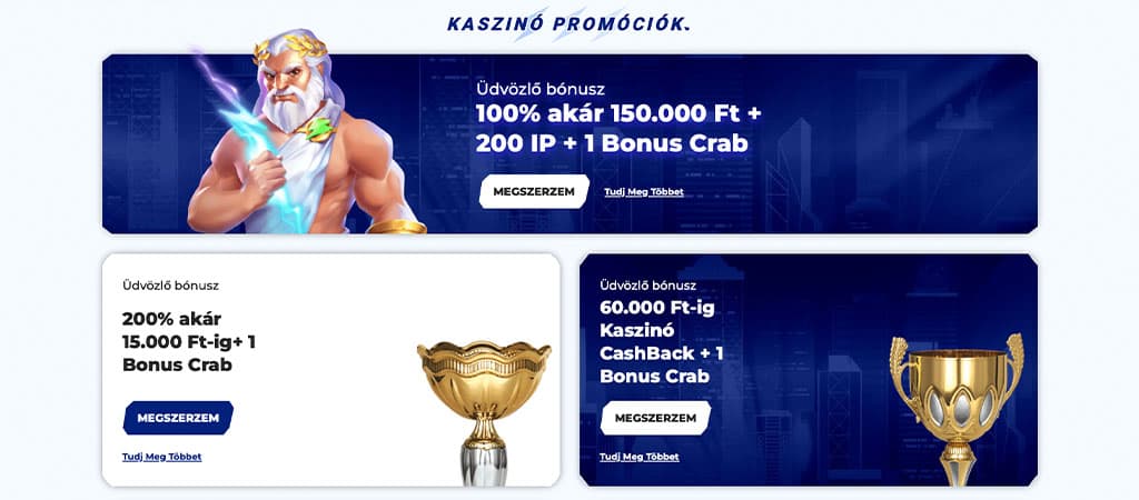 Sportaza kaszinó promóciók: üdvözlő bónuszok akár 150.000 Ft-ig, cashback ajánlatok és Bonus Crab jutalmak.
