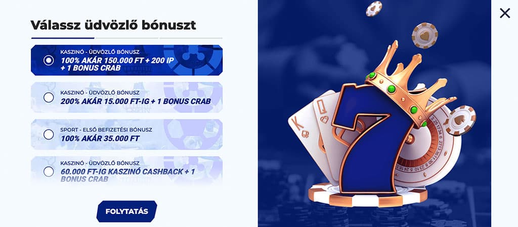 Sportaza kaszinó regisztráció – választható üdvözlő bónuszok akár 150.000 Ft-ig, cashback és Bonus Crab jutalom.
