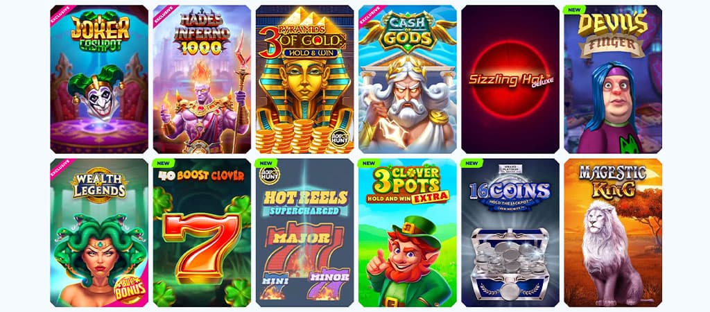 Sportaza kaszinó nyerőgépes játékok: Joker Expand, Hades Inferno, Cash of Gods, Sizzling Hot Deluxe és Majestic King.