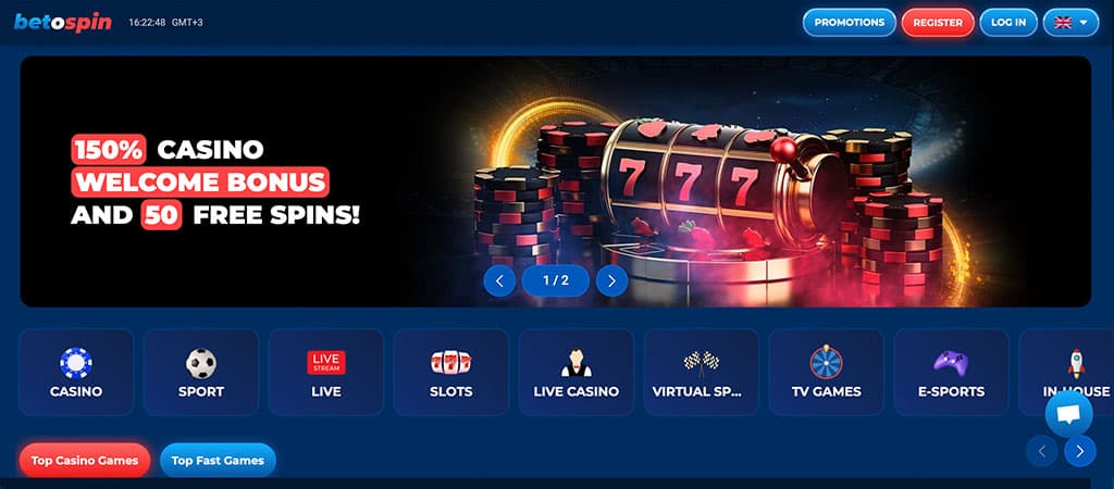 BetoSpin kaszinó főoldal – 150% üdvözlő bónusz és 50 ingyenes pörgetés új játékosoknak.