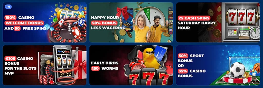 BetoSpin kaszinó promóciók: üdvözlő bónusz, Happy Hour, cash spins, Early Birds bónusz és sport vagy kaszinó kedvezmények.