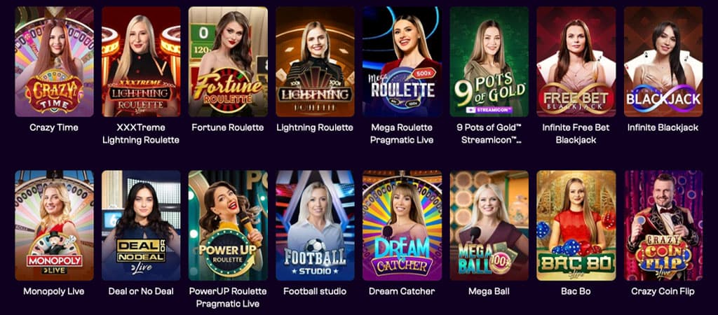 KingSpin élő kaszinójátékok: Crazy Time, Lightning Roulette, Blackjack, Monopoly Live és Dream Catcher.