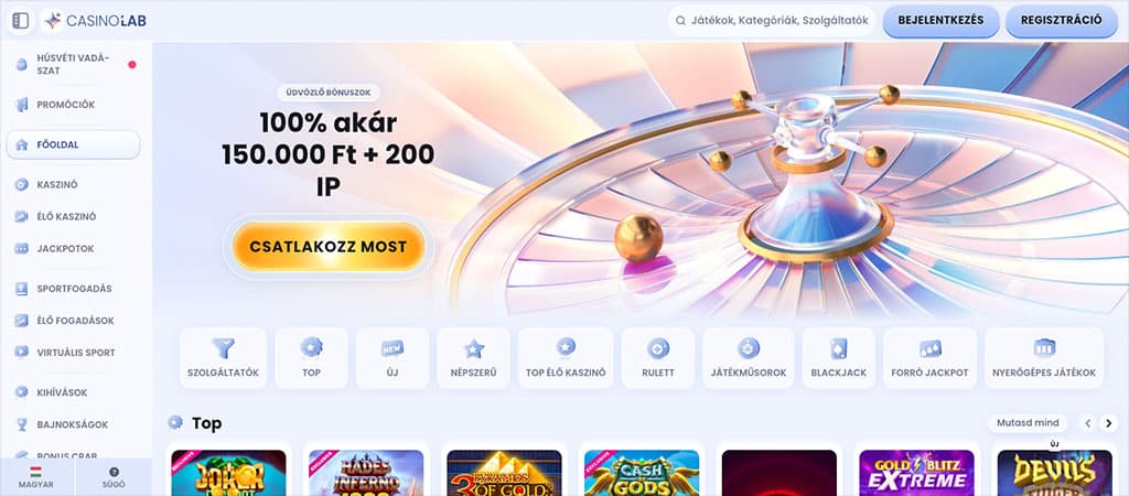 CasinoLab kaszinó főoldal – 100% üdvözlő bónusz akár 150.000 Ft + 200 IP.