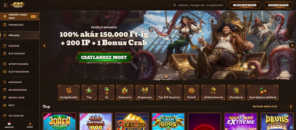 Fat Pirate Casino főoldal – üdvözlő bónusz és online kaszinó játékok.