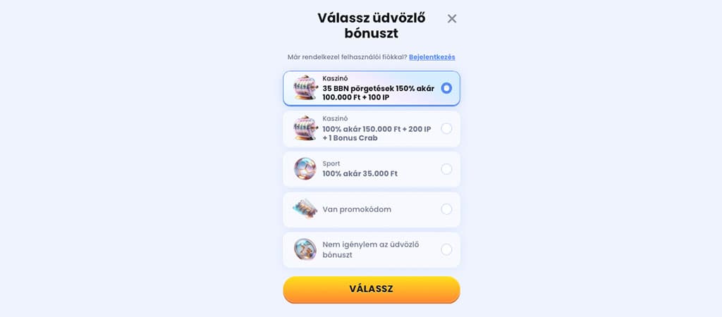 CasinoLab kaszinó – üdvözlő bónusz kiválasztása regisztráció során.