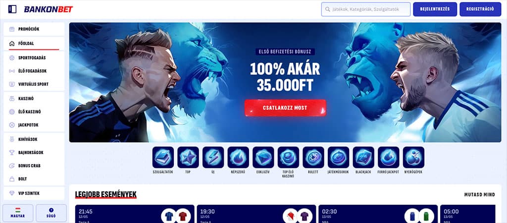 BankonBet Casino főoldal – 100%-os üdvözlő bónusz 35.000 Ft-ig.